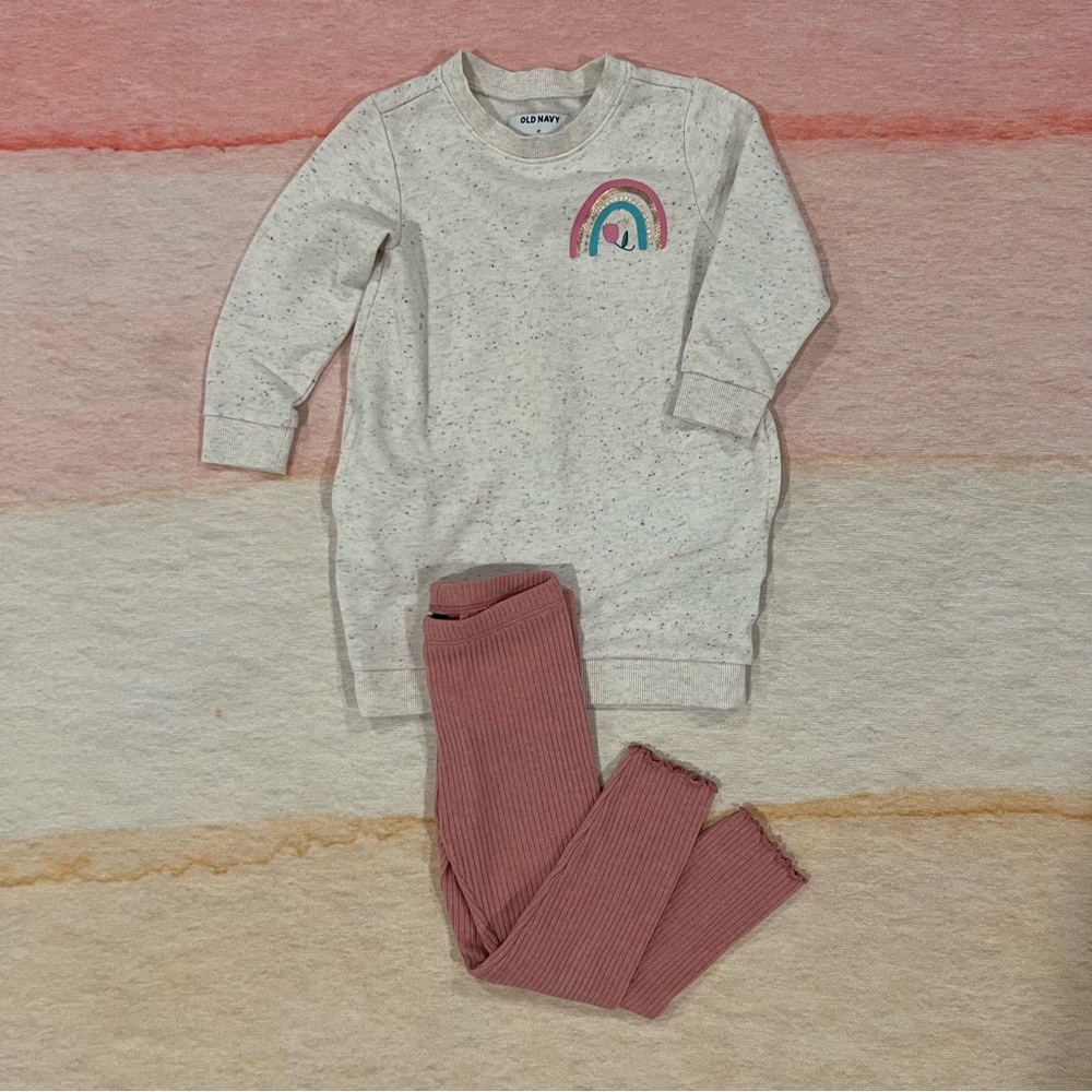 Girls 3T Old Navy Rainbow Sweatshirt Dress & matching Pink Ribbed Leggings